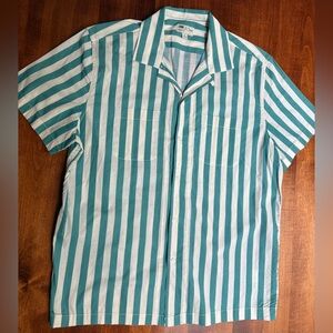 J. Crew Original Sportswear Size Large Green Striped Short Sleeve Cotton Shirt